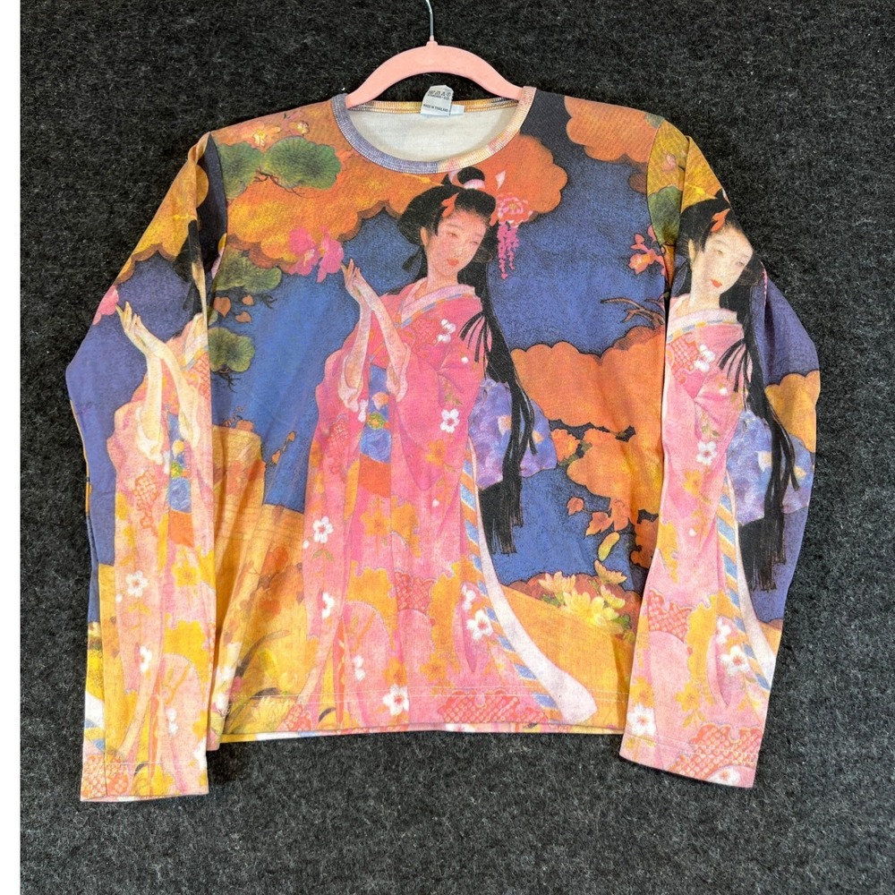 VTG Japanese Geisha Shirt Womens Small Pink Long Sleeve Art Euro Top Abstract